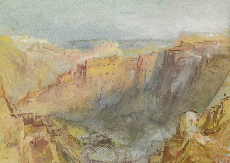 William Turner Die Stadt Luxemburg von der Côte d'Eich Kunstkopie, goldene Felswände über einer tiefen Schlucht