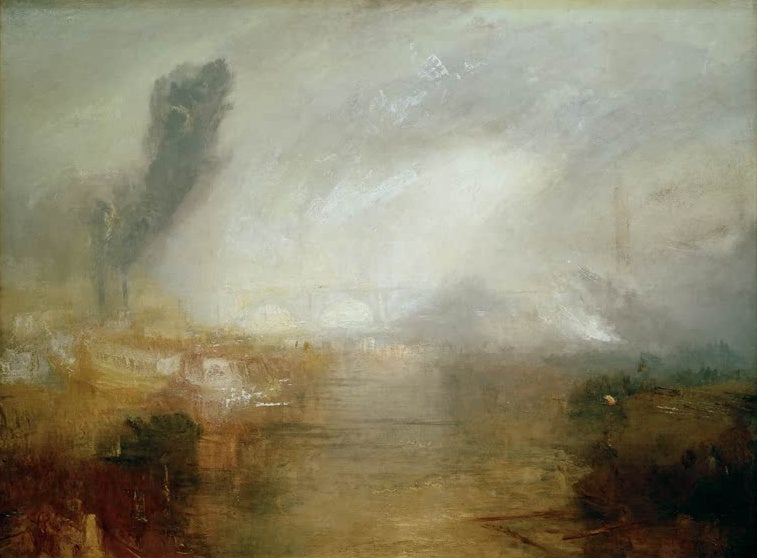 William Turner Die Themse oberhalb der Waterloo Bridge Kunstkopie, Gemälde mit Dunst, Rauch und goldenem Licht über dem Fluss
