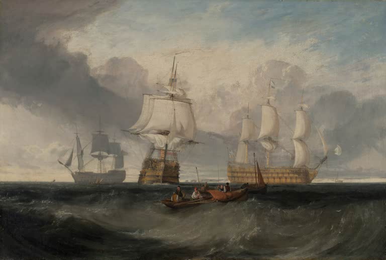William Turner Die Victory kehrt von Trafalgar zurück Kunstkopie, Segelschiff in drei Positionen auf bewegter See