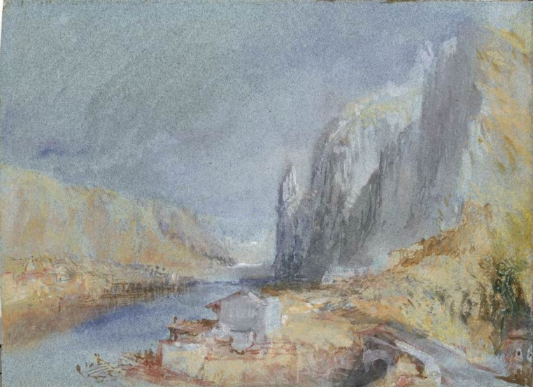 William Turner Dinant an der Maas Kunstkopie, steile Felswand und ruhiger Fluss unter grauviolettem Himmel