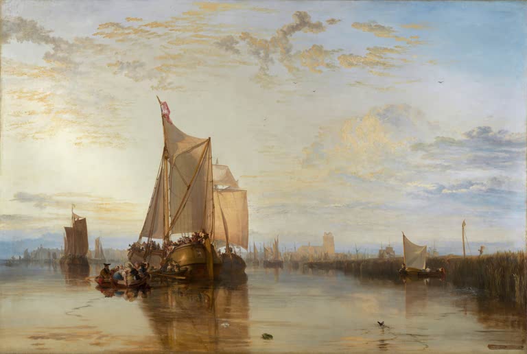 William Turner Dordrecht Postschiff Kunstkopie, Segelschiff in goldenem Licht auf stillem Fluss vor Stadtsilhouette