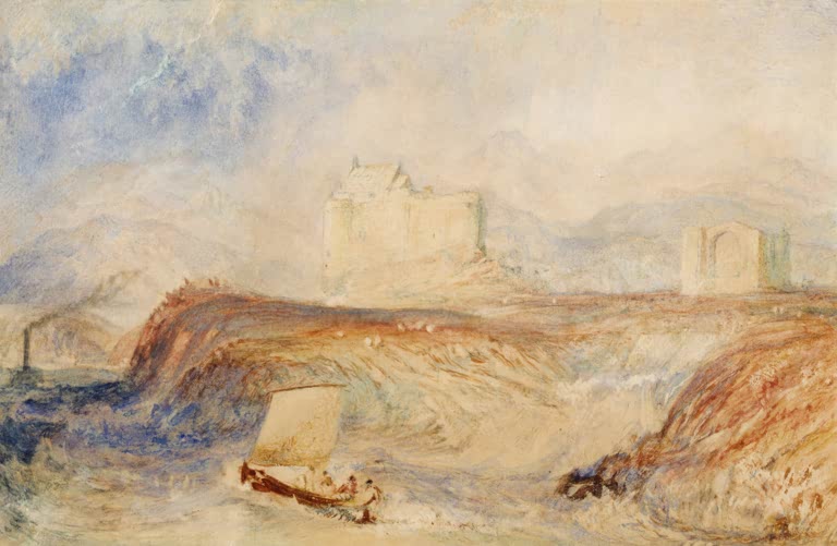 William Turner Dunstaffnage Castle Kunstkopie, helle Burg über schäumender Küste, davor ein kleines Segelboot im Wellengang