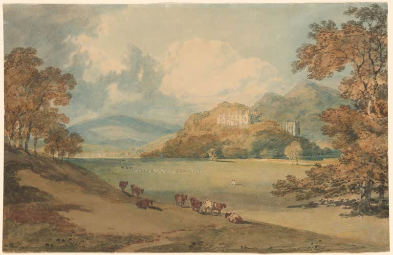 William Turner Dunster Castle von Nordosten Kunstkopie, Burg auf bewaldetem Hügel mit Kühen und herbstlichen Bäumen