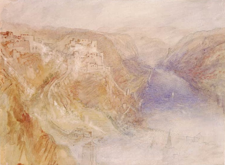 William Turner Ehrenbreitstein am Rhein Kunstkopie, Festungsbauten an steilem Hang über dem blau schimmernden Strom