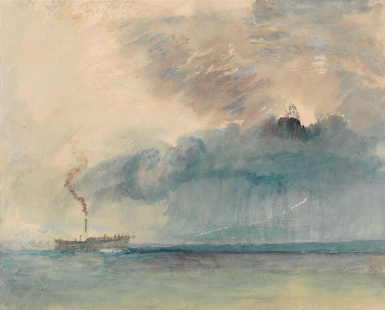 William Turner Ein Raddampfer im Sturm Kunstkopie, kleines Dampfschiff unter türkisen Gewitterwolken