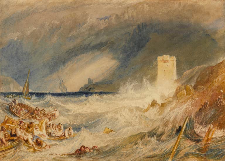 William Turner Einfahrt zum Hafen von Fowey Kunstkopie, Boote in tosender Brandung vor einem Turm an der Küste