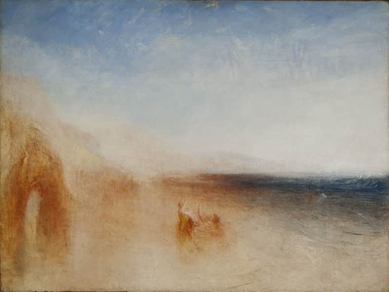William Turner Europa und der Stier Kunstkopie, Figurengruppe am dunstigen Strand mit Felsbogen und blauem Meer