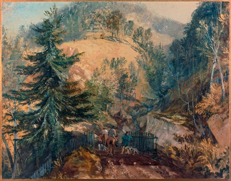 William Turner Farnley Hall bei Otley: Der Wildpark Kunstkopie, Reiter mit Hunden vor einem Waldhang in Herbstfarben