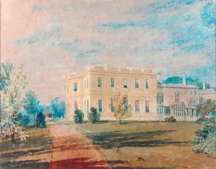 William Turner Farnley Hall von Osten Kunstkopie, heller Landsitz mit Bäumen, Wiese und Kutsche unter bewegtem Himmel