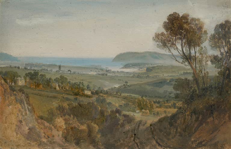 William Turner Fernblick auf Plymouth Kunstkopie, Küstenlandschaft mit Hügeln, Bäumen und Meer in sanften Erdtönen