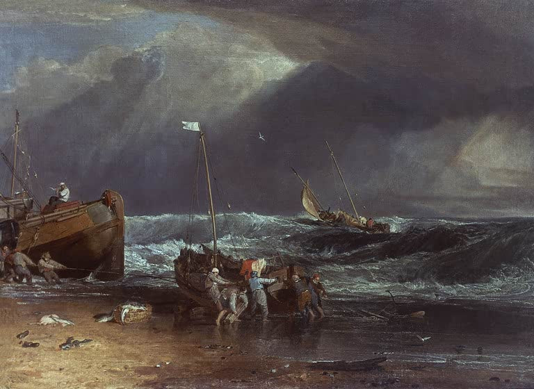 William Turner Fischer ziehen ihr Boot Kunstkopie, Männer am Strand unter dunkler Gewitterwolke und tosender See