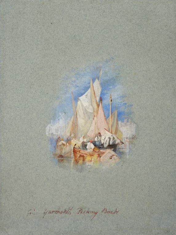 William Turner Fischerboote bei Great Yarmouth Kunstkopie, Segelboote mit Fischern auf blaugrauem Papier