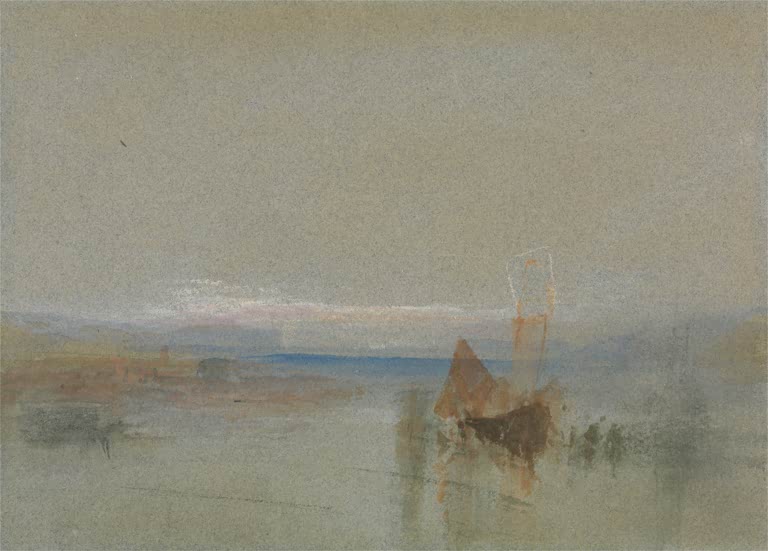 William Turner Fischerboote in der Flaute vor Le Havre Kunstkopie, rostrotes Segelboot auf spiegelglattem Wasser im Dunst