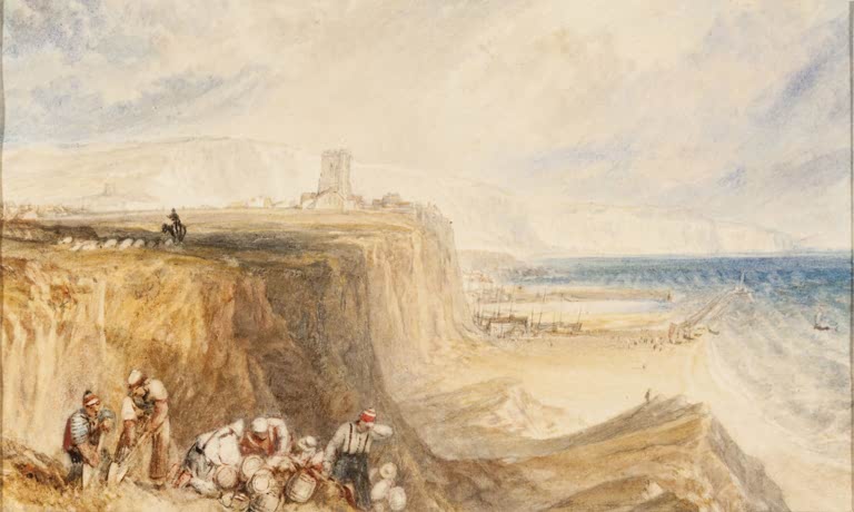 William Turner Folkestone in Kent Kunstkopie, Aquarell mit Steilküste, Arbeitern mit Fässern und Blick aufs Meer
