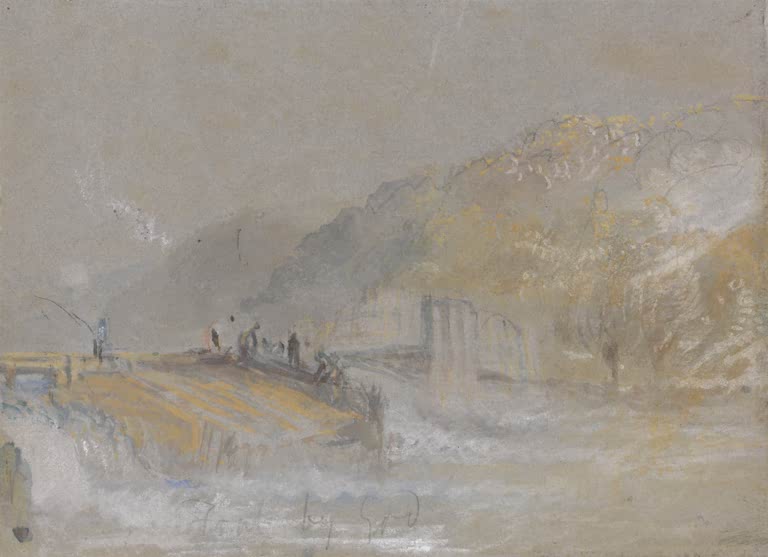 William Turner Foul by God: Flusslandschaft mit Anglern an einem Wehr Kunstkopie, schäumendes Wasser am Wehr mit Anglern