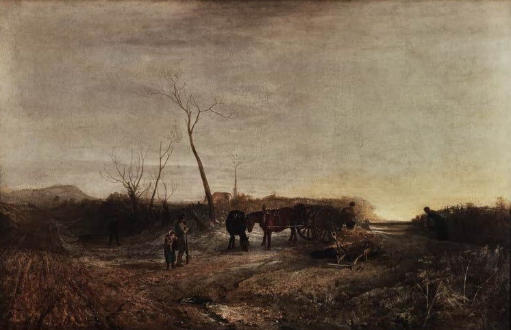 William Turner Frostiger Morgen Kunstkopie, Fuhrwerk und Figuren auf einem Feldweg vor kahlen Bäumen im Morgenlicht