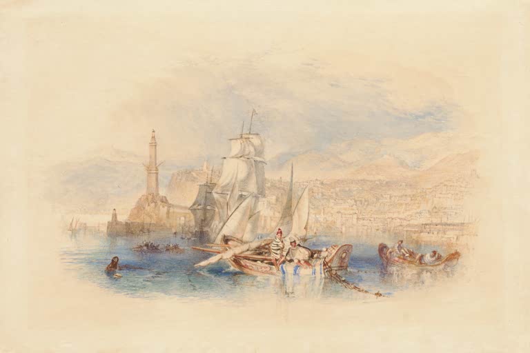 William Turner Genua Hafen mit Leuchtturm Kunstkopie, Segelschiffe und Fischerboote vor Stadt und Bergen