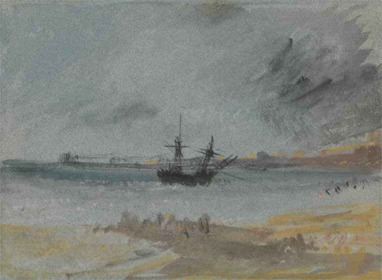 William Turner Gestrandetes Schiff bei Brighton Kunstkopie, dunkles Segelschiff auf grauer See unter Gewitterwolken