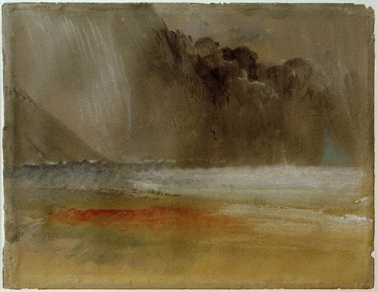 William Turner Getürmte Gewitterwolke über Meer und Strand Kunstkopie, dunkle Wolkenwand und Regen über rotgelbem Strand