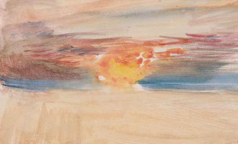 William Turner Glühende Sonne am Horizont Kunstkopie, orangegelbe Sonne über blauem Wasser und sandfarbenem Vordergrund