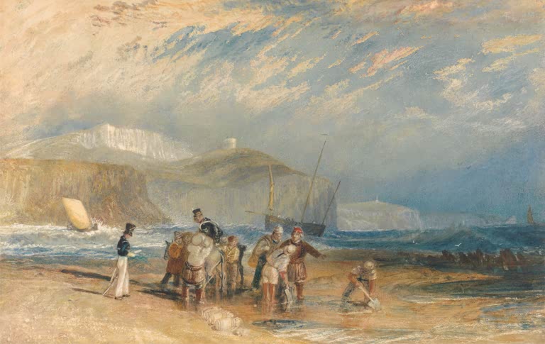 William Turner Hafen von Folkestone und Küste bis Dover Kunstkopie, Fischer und Reisende am Strand unter Kreidefelsen