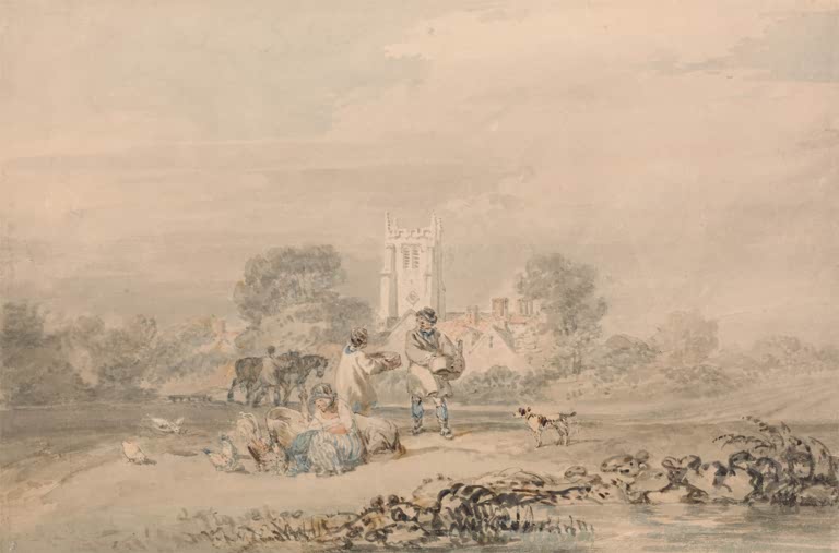 William Turner Herbstliche Aussaat des Getreides Kunstkopie, Landleute mit Hund vor Dorfkirche unter weitem Himmel
