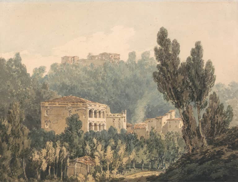 William Turner Im Tal bei Vietri Kunstkopie, Landhäuser auf bewaldetem Hügel hinter Zypressen unter hellem Himmel