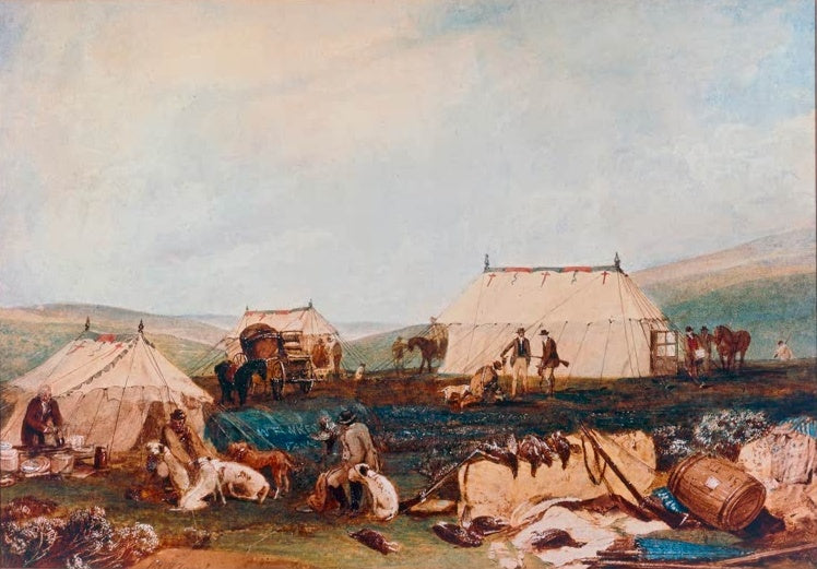 William Turner Jagdgesellschaft im Moor Kunstkopie, Zelte, Hunde und Jäger mit erlegten Vögeln vor sanften Hügeln