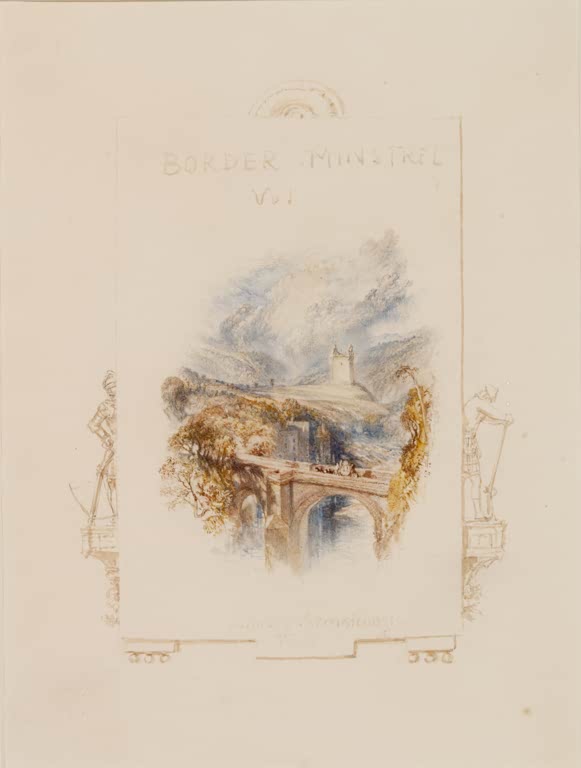 William Turner Johnny Armstrongs Turm Kunstkopie, Aquarellvignette mit Steinbrücke, Wohnturm und Wolkenhimmel