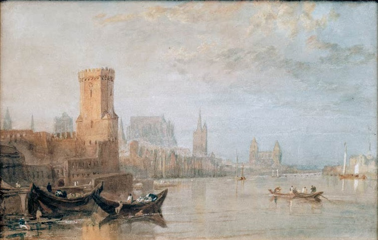 William Turner Köln, Blick über den Rhein Kunstkopie, Stadtansicht mit Bayenturm, Kirchtürmen und Booten am Fluss