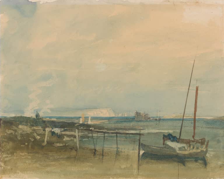 William Turner Küstenszene mit weißen Klippen und Booten am Ufer Kunstkopie, Boot am Holzsteg, ferne Kreidefelsen