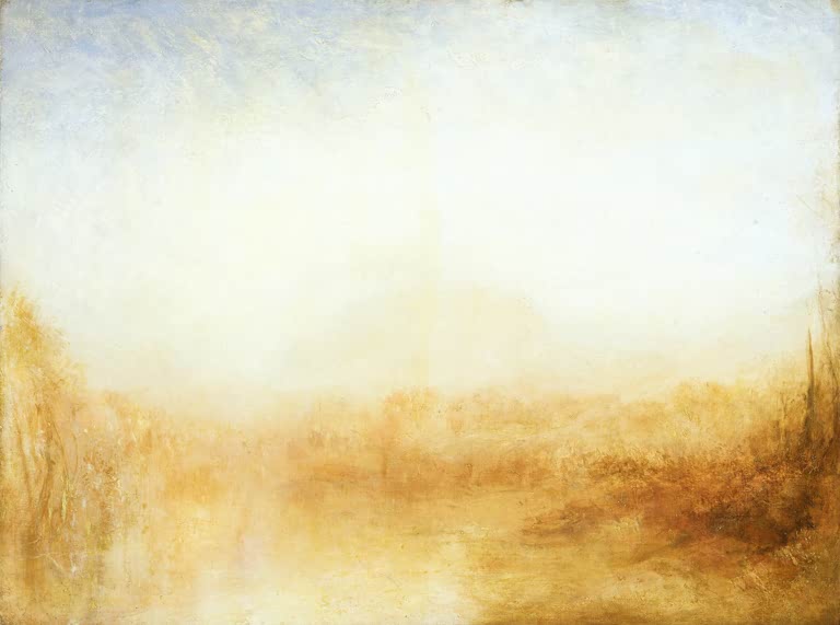 William Turner Landschaft Kunstkopie, goldener Dunst über einem Fluss mit Büschen und hellem Himmel in weichem Gegenlicht