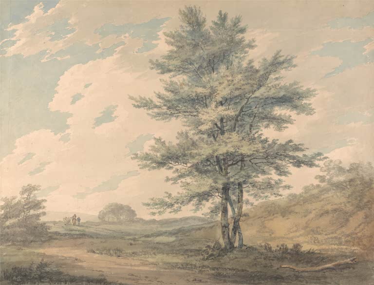 William Turner Landschaft mit Bäumen und Figuren Kunstkopie, große Baumgruppe unter Wolkenhimmel mit Wanderern im Hintergrund