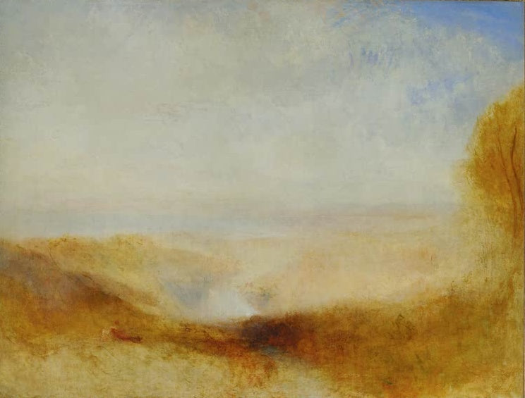 William Turner Landschaft mit Fluss und Bucht in der Ferne Kunstkopie, goldener Dunst über Hügeln und weitem Tal
