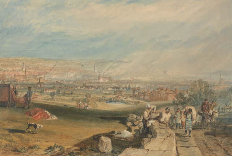 William Turner Leeds, Blick über die Stadt Kunstkopie, Arbeiter und Esel im Vordergrund vor weiter Stadtlandschaft
