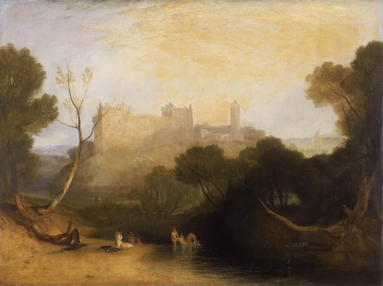 William Turner Linlithgow Palace Kunstkopie, helles Schloss über einem Teich mit Badenden unter großen dunklen Bäumen