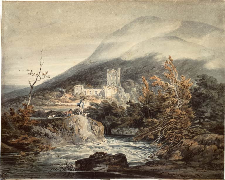 William Turner Llanthony Abbey Kunstkopie, Klosterruine vor Bergen mit Fluss, Felsen und Jäger mit Hunden im Vordergrund
