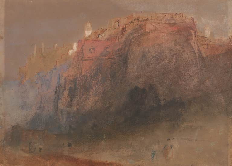 William Turner Luxemburg Kunstkopie, rötlich glühende Festungsmauern auf Felsen über Nebel mit kleinen Figuren