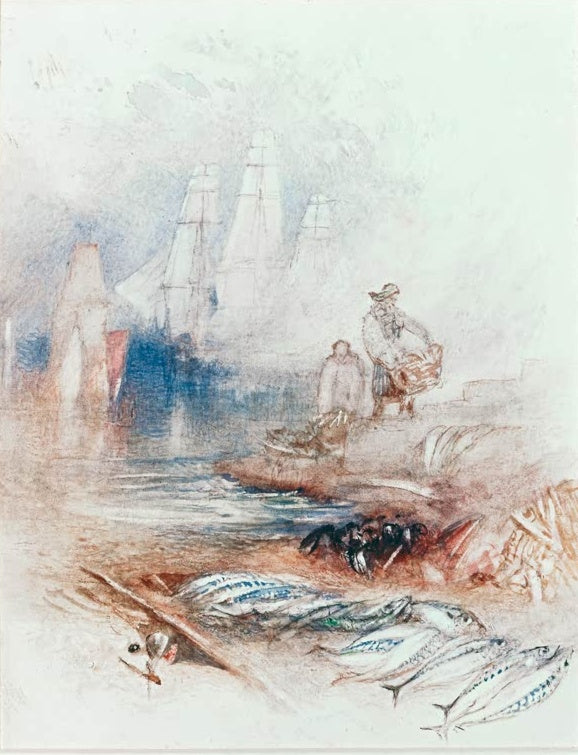 William Turner Makrelen am Strand Kunstkopie, silbrige Fische im Vordergrund, Fischer und Segelschiffe im zarten Dunst