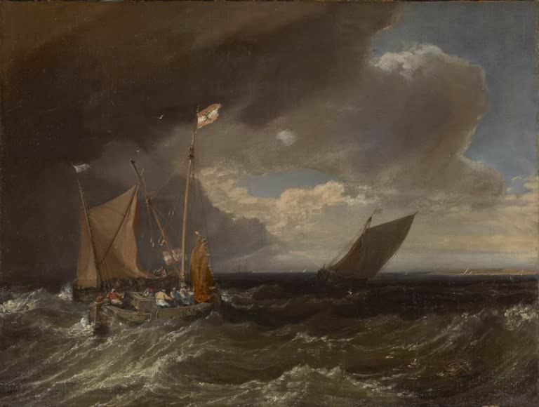 William Turner Meereslandschaft mit herannahendem Sturm Kunstkopie, Segelboote auf bewegter See unter dunklen Wolken