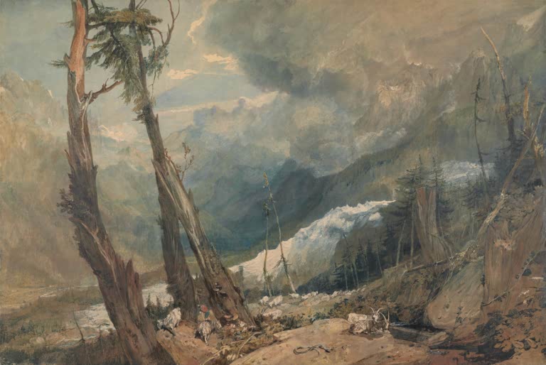 William Turner Mer de Glace im Tal von Chamonix Kunstkopie, Gletscher, zerzauste Bäume und Ziegen unter Gewitterwolken