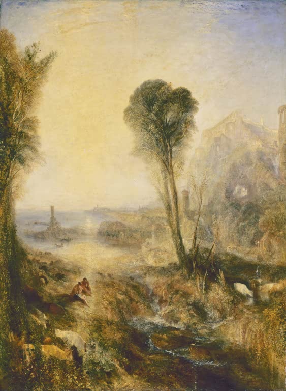 William Turner Merkur und Argus Kunstkopie, goldene Ideallandschaft mit hohem Baum, Bach und Bucht im Gegenlicht