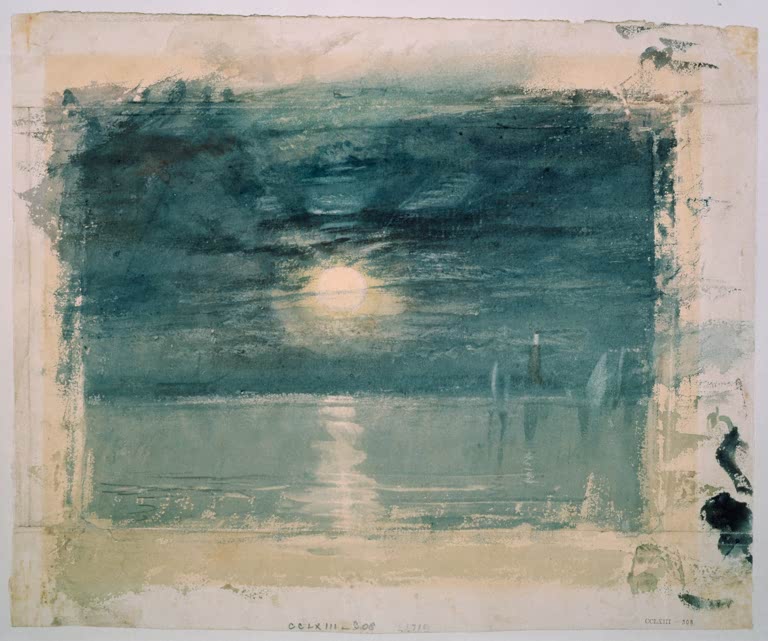 William Turner Mondschein auf ruhiger See Kunstkopie, Vollmond und Lichtbahn über blaugrünem, ruhigem Wasser