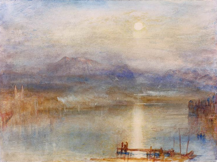 William Turner Mondschein über dem Vierwaldstätter See Kunstkopie, Mond über dunstigen Bergen und Lichtstraße im Wasser