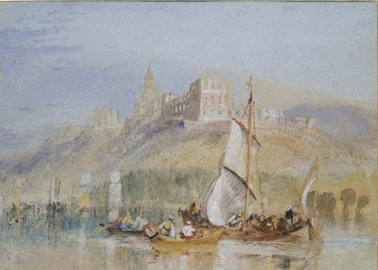 William Turner Montjean an der Loire Kunstkopie, Segelboot und Ruderboote vor einem Schloss auf dem Hügel