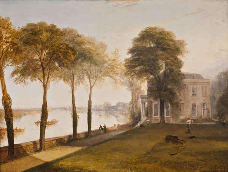 William Turner Mortlake Terrace: Früher Sommermorgen Kunstkopie, Herrenhaus mit hohen Bäumen am Themseufer