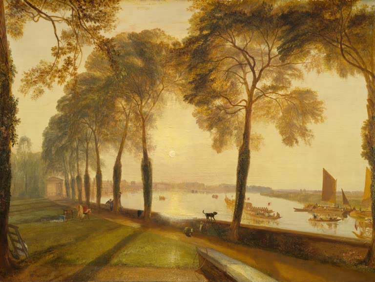 William Turner Mortlake Terrace Kunstkopie, goldene Bäume am Themse-Ufer mit Booten und Hund im Abendlicht