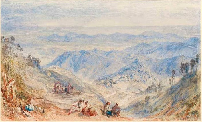 William Turner Mussoorie und das Doon-Tal von Landour Kunstkopie, bergige Landschaft mit Rastenden im Vordergrund