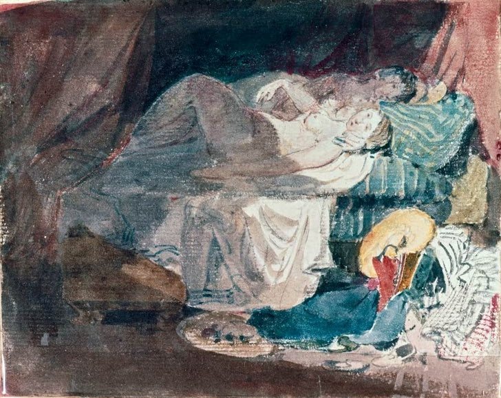 William Turner Nacktes Mädchen mit einer Gefährtin auf einem Bett Kunstkopie, zwei Frauen vor roten Vorhängen und Kissen