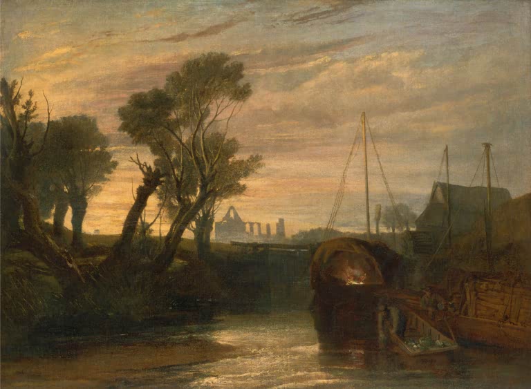 William Turner Newark Abbey im Abendlicht Kunstkopie, Klosterruine am Fluss mit Weiden, Lastkähnen und warmem Abendhimmel